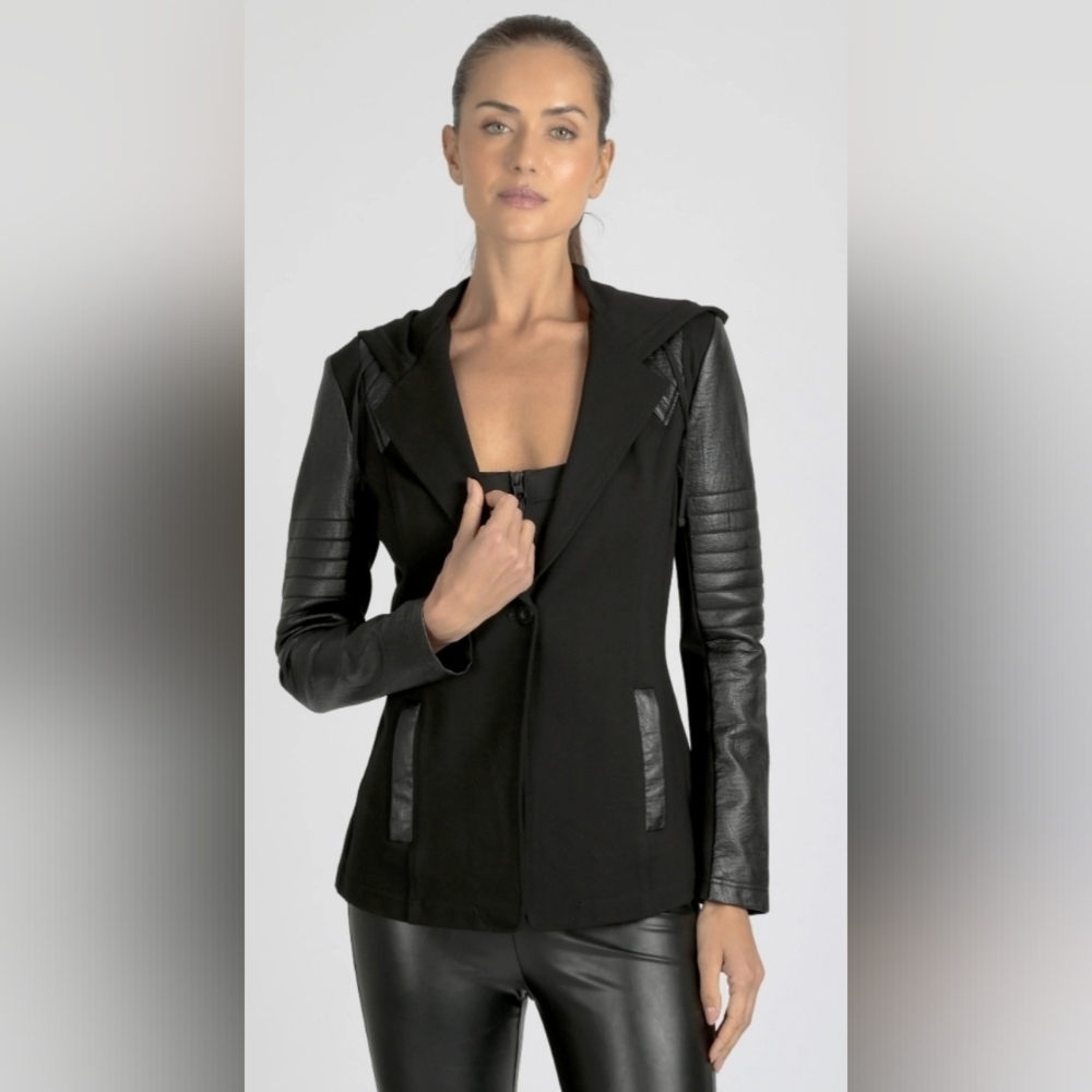 Blanc Noir Hooded Blazer in Black Faux leather details tapered fit size medium